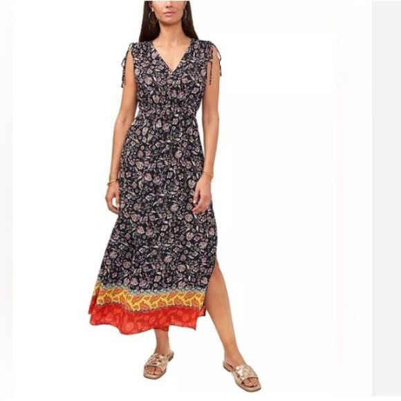 Vince Camuto Floral Maxi Dress Sleeveless Border Detail Black Red Yellow Size 14 - Picture 1 of 13